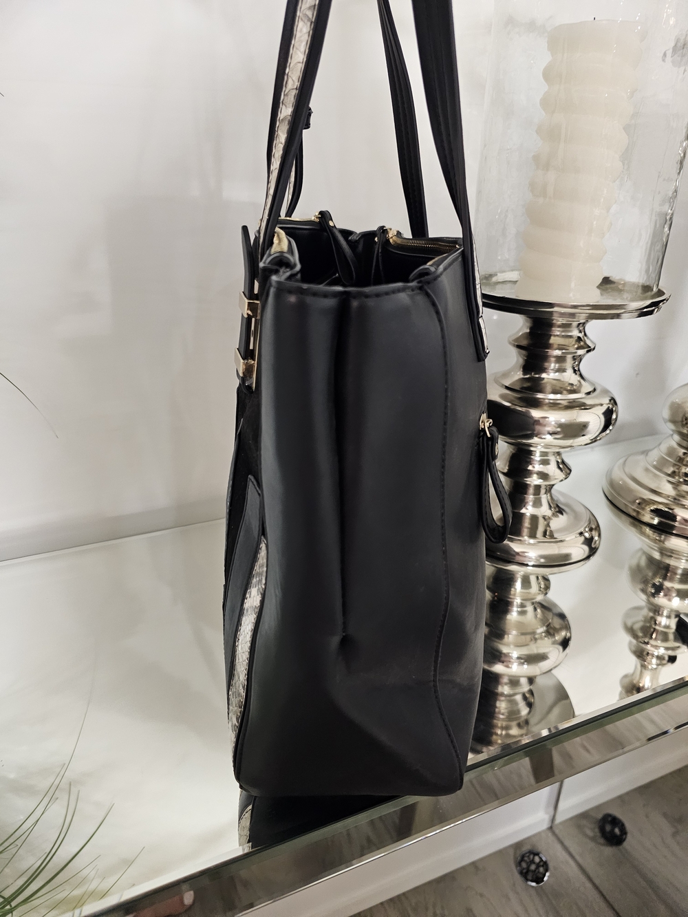 Black Shoulder Tote with Gold & Snakeskin Accent - Picture 3 of 5